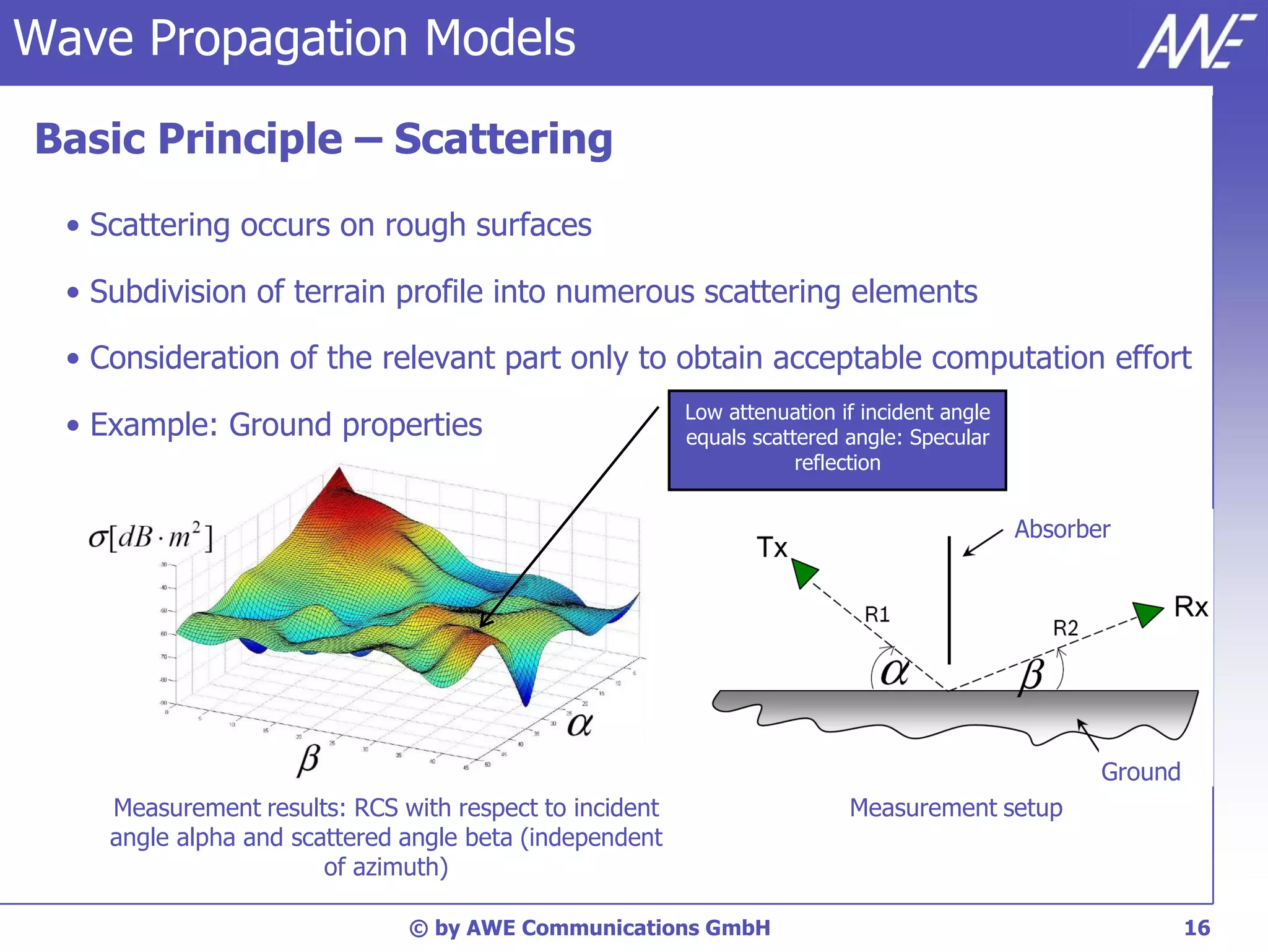 Wave Propagation Models

Basic Principle – Scattering
  • Scattering occurs on rough surfaces

  • Subdivision of terrain profile into numerous scattering elements

  • Consideration of the relevant part only to obtain acceptable computation effort
                                                         Low attenuation if incident angle
  • Example: Ground properties                           equals scattered angle: Specular
                                                                     reflection


                                                                                             Absorber




                                                                                                    Ground
     Measurement results: RCS with respect to incident                    Measurement setup
     angle alpha and scattered angle beta (independent
                        of azimuth)

                               © by AWE Communications GmbH                                                  16
 