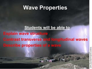 Wave Properties Students will be able to Explain wave structure Contrast transverse and longitudinal waves Describe properties of a wave 