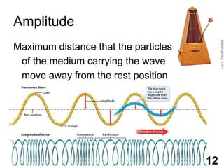 AmplitudeMaximum distance that the particles	of the medium carrying the wave	move away from the rest position12