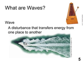 What are Waves?Wave	A disturbance that transfers energy from one place to another5