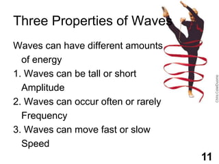 Three Properties of WavesWaves can have different amounts	of energy1. Waves can be tall or short	Amplitude2. Waves can occur often or rarely	Frequency3. Waves can move fast or slow	Speed11