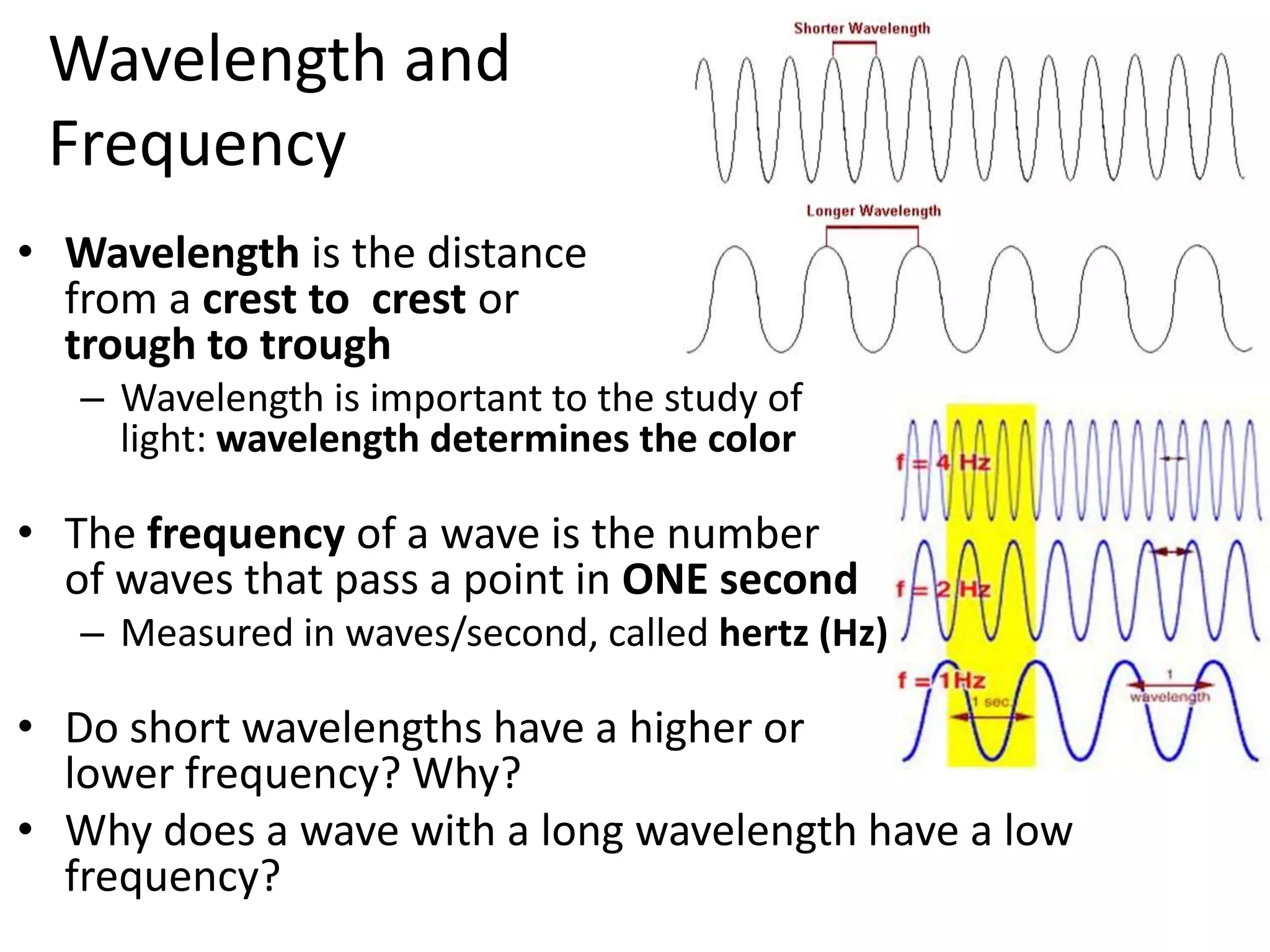Wavelength and FrequencyWavelength is the distance from a crest to crest or trough to trough Wavelength is important to the study of light: wavelength determines the colorThe frequency of a wave is the number of waves that pass a point in ONE secondMeasured in waves/second, called hertz (Hz)Do short wavelengths have a higher orlower frequency? Why?Why does a wave with a long wavelength have a low frequency?
