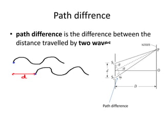 Path diffrence
• path difference is the difference between the
distance travelled by two waves
Path difference
 