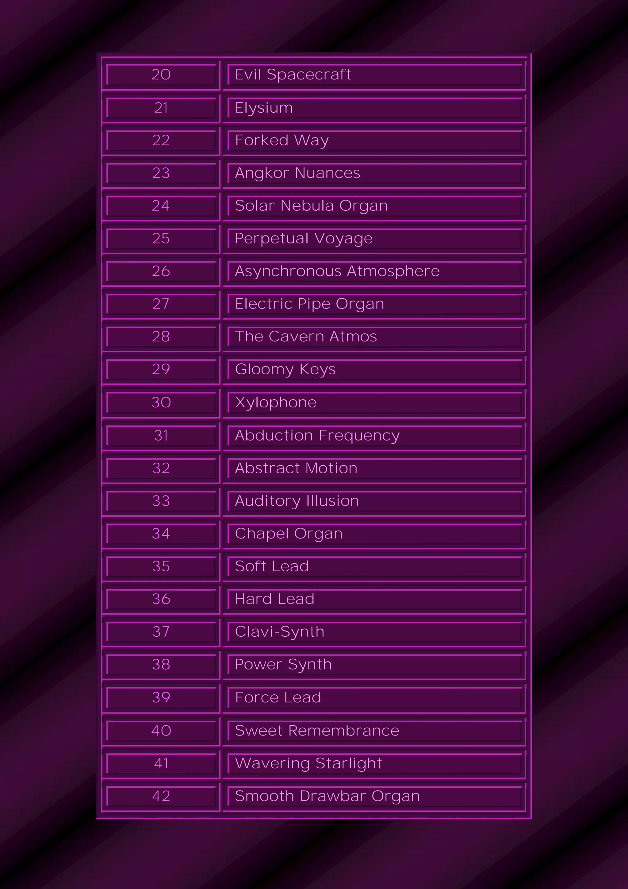 20 Evil Spacecraft
21 Elysium
22 Forked Way
23 Angkor Nuances
24 Solar Nebula Organ
25 Perpetual Voyage
26 Asynchronous Atmosphere
27 Electric Pipe Organ
28 The Cavern Atmos
29 Gloomy Keys
30 Xylophone
31 Abduction Frequency
32 Abstract Motion
33 Auditory Illusion
34 Chapel Organ
35 Soft Lead
36 Hard Lead
37 Clavi-Synth
38 Power Synth
39 Force Lead
40 Sweet Remembrance
41 Wavering Starlight
42 Smooth Drawbar Organ
 