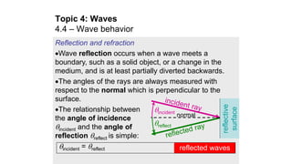 Reflection and refraction
Wave reflection occurs when a wave meets a
boundary, such as a solid object, or a change in the
medium, and is at least partially diverted backwards.
The angles of the rays are always measured with
respect to the normal which is perpendicular to the
surface.
The relationship between
the angle of incidence
incident and the angle of
reflection reflect is simple:
Topic 4: Waves
4.4 – Wave behavior
reflective
surface
incident
reflect
incident = reflect reflected waves
normal
 