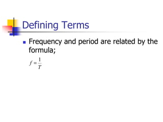 Defining Terms
   Frequency and period are related by the
    formula;
        1
    f
        T
 