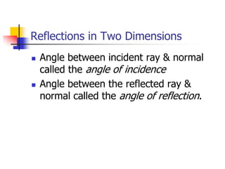 Reflections in Two Dimensions
   Angle between incident ray & normal
    called the angle of incidence
   Angle between the reflected ray &
    normal called the angle of reflection.
 
