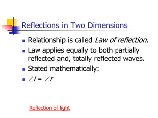 Reflections in Two Dimensions
   Relationship is called Law of reflection.
   Law applies equally to both partially
    reflected and, totally reflected waves.
   Stated mathematically:
     i= r


    Reflection of light
 