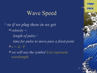 Wave Speed so if we plug these in we get velocity =  length of pulse /  time for pulse to move pass a fixed point v =    / T we will use the symbol    to represent wavelength 