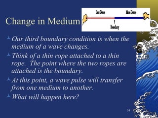 Change in Medium Our third boundary condition is when the medium of a wave changes. Think of a thin rope attached to a thin rope.  The point where the two ropes are attached is the boundary. At this point, a wave pulse will transfer from one medium to another. What will happen here? 