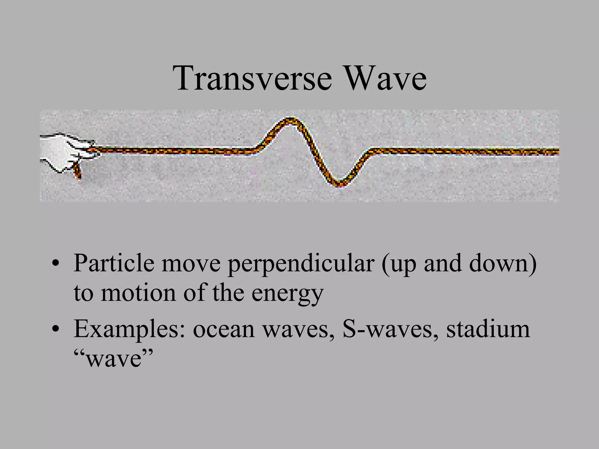 Transverse Wave Particle move perpendicular (up and down) to motion of the energy Examples: ocean waves, S-waves, stadium “wave” 