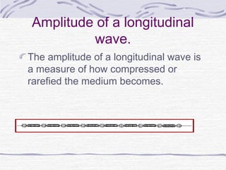 Amplitude of a longitudinal
wave.
The amplitude of a longitudinal wave is
a measure of how compressed or
rarefied the medium becomes.
 