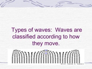 Types of waves: Waves are
classified according to how
they move.
 
