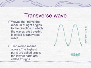 Transverse wave
Waves that move the
medium at right angles
to the direction in which
the waves are traveling
is called a transverse
wave.
Transverse means
across.The highest
parts are called crests
the lowest parts are
called troughs.
 