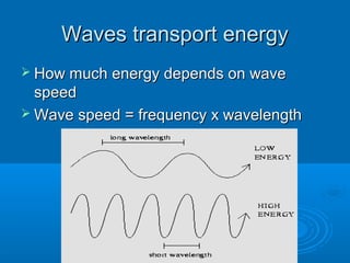 Waves transport energyWaves transport energy
 How much energy depends on waveHow much energy depends on wave
speedspeed
 Wave speed = frequency x wavelengthWave speed = frequency x wavelength
 