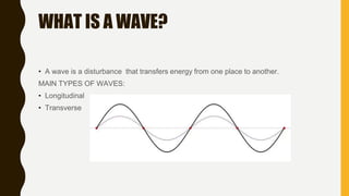 WHAT IS A WAVE?
• A wave is a disturbance that transfers energy from one place to another.
MAIN TYPES OF WAVES:
• Longitudinal
• Transverse
 