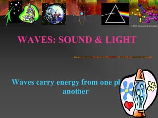 WAVES: SOUND & LIGHT
Waves carry energy from one place to
another
© 2000 Microsoft Clip Gallery
 