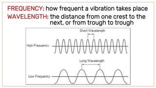 FREQUENCY: how frequent a vibration takes place
WAVELENGTH: the distance from one crest to the
next, or from trough to trough
 