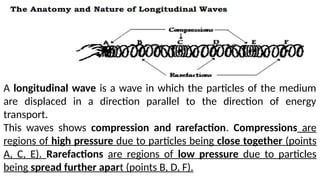 A longitudinal wave is a wave in which the particles of the medium
are displaced in a direction parallel to the direction of energy
transport.
This waves shows compression and rarefaction. Compressions are
regions of high pressure due to particles being close together (points
A, C, E). Rarefactions are regions of low pressure due to particles
being spread further apart (points B, D, F).
 