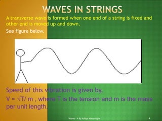 A transverse wave is formed when one end of a string is fixed and
other end is moved up and down.
See figure below.

Speed of this vibration is given by,
V = √T/ m , where T is the tension and m is the mass
per unit length.
Waves - 4 By Aditya Abeysinghe

4

 