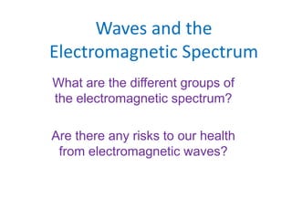 Waves and the Electromagnetic Spectrum What are the different groups of the electromagnetic spectrum? Are there any risks to our health from electromagnetic waves?  