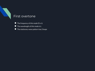 First overtone
● The frequency of this mode f2=c/L
● The wavelength of this mode is L
● The stationary wave pattern has 2 loops
 