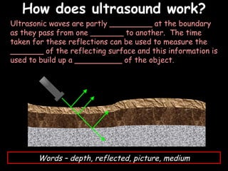 How does ultrasound work? 06/06/09 Ultrasonic waves are partly _________ at the boundary as they pass from one _______ to another.  The time taken for these reflections can be used to measure the _______ of the reflecting surface and this information is used to build up a __________ of the object. Words – depth, reflected, picture, medium 
