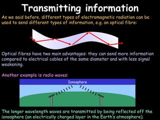 Transmitting information 06/06/09 As we said before, different types of electromagnetic radiation can be used to send different types of information, e.g. an optical fibre: Optical fibres have two main advantages: they can send more information compared to electrical cables of the same diameter and with less signal weakening. Another example is radio waves: The longer wavelength waves are transmitted by being reflected off the ionosphere (an electrically charged layer in the Earth’s atmosphere). Ionosphere 