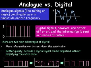 Analogue vs. Digital 06/06/09 Analogue signals (like talking or music) continually vary in amplitude and/or frequency Digital signals, however, are either off or on, and the information is sent in a series of pulses There are two main advantages of digital: More information can be sent down the same cable Better quality, because a digital signal can be amplified without amplifying the extra noise: + - 1 0 