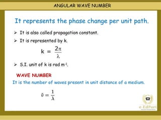 It represents the phase change per unit path.
WAVE NUMBER
It is the number of waves present in unit distance of a medium.
 