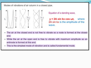 Equation of a standing wave,
y = 2A sin kx cos ωt, where
2A sin kx is the amplitude of the
wave.
 