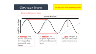 Transverse Waves Eg. light, ultra-violet, gamma rays, radio.
Features of transverse waves
1. Wavelength. The
distance between any
two corresponding
points on the wave.
(metres)
2. Amplitude. The
maximum displacement
of the wave from its rest
point.
3. Speed. The speed of
the wave is measured in
metres per second (m/s).
 