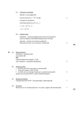(ii)    Calculate wavelength
                    Identify 2 wavelengths (1)
                                              –9
                    Correct answer [2.1 × 10 m] (1)                                       2
                    Example of calculation:
                    (NANANANAN) X to Y is 2 × λ
                               –9
                    λ = 4.2 × 10 m ÷ 2
                              –9
                    = 2.1 × 10 m


            (iii)   Explain terms
                    amplitude – maximum displacement (from mean position)
                    (can use diagram with labelled displacement axis) (1)
                    antinode – position of maximum amplitude
                    OR position where waves (always) in phase (1)                         2
                                                                                              [9]




30.   (a)   Plane polarised:
            Vibrations / oscillations (1)
            in one plane (1)
            OR
            double-headed arrow diagram  (1)
            with vibrations / oscillations labelled (1)                                   2


      (b)   Polarising filter:
            • Intensity goes from maximum to minimum (1)
            • Twice per rotation / after 90° (1)
            • As filter only lets through vibrations in a particular plane (1)            3
            [marks may be gained from a clearly labelled diagram]


      (c)   Response of beetle:
            Changed direction by 90° / turned through a right-angle (1)                   1


      (d)   No moon:
            Beetle moves in a random direction / in circles / appears disorientated (1)   1
                                                                                              [7]
 
