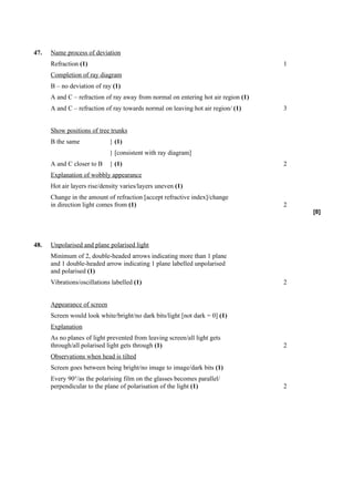 47.   Name process of deviation
      Refraction (1)                                                                1
      Completion of ray diagram
      B – no deviation of ray (1)
      A and C – refraction of ray away from normal on entering hot air region (1)
      A and C – refraction of ray towards normal on leaving hot air region/ (1)     3


      Show positions of tree trunks
      B the same             } (1)
                             } [consistent with ray diagram]
      A and C closer to B    } (1)                                                  2
      Explanation of wobbly appearance
      Hot air layers rise/density varies/layers uneven (1)
      Change in the amount of refraction [accept refractive index]/change
      in direction light comes from (1)                                             2
                                                                                        [8]




48.   Unpolarised and plane polarised light
      Minimum of 2, double-headed arrows indicating more than 1 plane
      and 1 double-headed arrow indicating 1 plane labelled unpolarised
      and polarised (1)
      Vibrations/oscillations labelled (1)                                          2


      Appearance of screen
      Screen would look white/bright/no dark bits/light [not dark = 0] (1)
      Explanation
      As no planes of light prevented from leaving screen/all light gets
      through/all polarised light gets through (1)                                  2
      Observations when head is tilted
      Screen goes between being bright/no image to image/dark bits (1)
      Every 90°/as the polarising film on the glasses becomes parallel/
      perpendicular to the plane of polarisation of the light (1)                   2
 