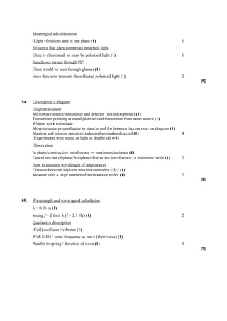 Meaning of advertisement
      (Light vibrations are) in one plane (1)                                                1
      Evidence that glare comprises polarised light
      Glare is eliminated, so must be polarised light (1)                                    1
      Sunglasses turned through 90°
      Glare would be seen through glasses (1)
      since they now transmit the reflected polarised light (1)                              2
                                                                                                 [6]




54.   Description + diagram
      Diagram to show:
      Microwave source/transmitter and detector (not microphone) (1)
      Transmitter pointing at metal plate/second transmitter from same source (1)
      Written work to include:
      Move detector perpendicular to plate/to and fro between /accept ruler on diagram (1)
      Maxima and minima detected/nodes and antinodes detected (1)                            4
      [Experiments with sound or light or double slit 0/4]
      Observation
      In phase/constructive interference → maximum/antinode (1)
      Cancel out/out of phase/Antiphase/destructive interference → minimum /node (1)         2
      How to measure wavelength of microwaves
      Distance between adjacent maxima/antinodes = λ/2 (1)
      Measure over a large number of antinodes or nodes (1)                                  2
                                                                                                 [8]




55.   Wavelength and wave speed calculation
      λ = 0.96 m (1)
      seeing f = 2 their λ (f = 2.1 Hz) (1)                                                  2
      Qualitative description
      (Coil) oscillates / vibrates (1)
      With SHM / same frequency as wave (their value) (1)
      Parallel to spring / direction of wave (1)                                             3
                                                                                                 [5]
 
