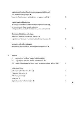Explanation of whether film further down appears bright or dark
      Path difference = wavelength (1)
      Waves in phase/constructive interference (so appears bright) (1)                   2


      Explain bright and dark stripes
      Different positions have different thicknesses/path differences (1)
      So some points in phase, some in antiphase/
      some points have constructive interference, some destructive (1)                   2


      Movement of bright and dark stripes
      Soap flows down/thickness profile changes (1)
      so positions of destructive/constructive interference changing (1)                 2


      Alternative path added to diagram
      One or more extra reflections at each internal soap surface (1)                    1
                                                                                             [11]




70.   Diagram
      (i)     Any angle of incidence marked and labelled I (1)
      (ii)    Any angle of refraction marked and labelled R (1)
      (iii)   Angle of incidence/reflection at lower surface marked and labelled G (1)   3


      Refraction of light
      Velocity of light is lower in glass (1)                                            1
      Velocity of light in hot air
      Velocity is greater (1)                                                            1
      Property of air
      (Optical) density / refractive index (1)                                           1
                                                                                              [6]
 