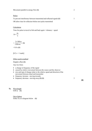Movement parallel to energy flow (1)                                          2


      Pulses
      To prevent interference between transmitted and reflected signals (1)         1
      OR allow time for reflection before next pulse transmitted


      Calculation
      Time for pulse to travel to fish and back again = distance ÷ speed
             ∆x
      ∆t =
             υ


          2 × 300 m
      =                (1)
          1500 ms −1
      = 0.4 s (1)                                                                   2


      [0.2 s = 1 mark]


      Effect used in method
      Doppler effect (1)
      Any two from:
      • a change in frequency of the signal
      • caused by relative movement between the source and the observer
      • size and sign of change relate to the relative speed and direction of the
        movement between shoal and transmitter
      • frequency increase - moving towards
      • frequency decrease - moving away (1) (1)                                    3
                                                                                        [8]




76.   Wavelength
      0.80 m (1)


      Out of phase
      Either X as in diagram below    (1)
 