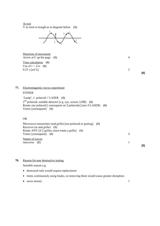At rest
      Y at crest or trough as in diagram below     (1)
                             Y                 Y
                                           A

                                                    X
                                 X
                                       Y


      Direction of movement
      Arrow at C up the page     (1)                                                        4
      Time calculation (1)
      Use of t = λ/υ (1)
      0.25 s [ecf λ]                                                                        2
                                                                                                [6]




77.   Electromagnetic waves experiment
      EITHER
      ‘Lamp’, 1 polaroid // LASER (1)
       nd
      2 polaroid, suitable detector [e.g. eye, screen, LDR] (1)
      Rotate one polaroid [ consequent on 2 polaroids] [one if LASER]      (1)
      Varies [consequent] (1)


      OR
      Microwave transmitter (and grille) [not polaroid or grating]   (1)
      Receiver (or and grille) (1)
      Rotate ANY [if 2 grilles; must rotate a grille] (1)
      Varies [consequent] (1)                                                               4
      Nature of waves
      ransverse (1)                                                                         1
                                                                                                [5]




78.   Reason for non–destructive testing
      Sensible reason e.g.
      • destroyed rails would require replacement
      • trains continuously using tracks, so removing them would cause greater disruption
      • saves money                                                                         1
 