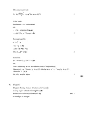 OR similar valid route
                 (diam) 2
      [    for            × π,   for factor 10–3]                                                2
                     2


      Value in G4:
      Mass/metre = ρ × volume/metre
      OR
      = 1150 × 0.000 000 79 kg (1)
      = 0.00091 kg m –1 [no u.e.] (1)                                                            2


      Formula in cell I3:

      υ= T /µ
      ⇒ T = µ υ2 (1)
      ⇒ I3 = H3 * H3 * G3
      OR H3 Λ 2 * G3 (1)                                                                         2


      Comment:
      No + reason (e.g. 133 >> 47) (1)
      OR
      Yes + reason (e.g. 47, 64, 133 all same order of magnitude) (1)
      More detail, e.g, f changes by factor 32, OR l by factor of 15. T only by factor 2.5
      ⇒ similar Ts. (1)(1)
      OR other sensible points.                                                                  3
                                                                                                     [11]




88.   Diagrams:
      Diagram showing 2 waves π radians out of phase (1)
      Adding to give (almost) zero amplitude (1)
      Reference to destructive interference (1)                                              Max 2
      Wavelength of red light:
 