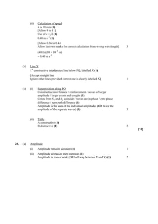 (ii)   Calculation of speed
                   λ is 10 mm (1)
                   [Allow 9 to 11]
                   Use of v = fλ (1)
                            –1
                   0.40 m s (1)
                   [Allow 0.36 to 0.44
                   Allow last two marks for correct calculation from wrong wavelength]   3
                                  –3
                   (40Hz)(10 × 10 m)
                              –1
                   = 0.40 m s


      (b)   Line X
             st
            1 constructive interference line below PQ, labelled X (1)
            [Accept straight line
            Ignore other lines provided correct one is clearly labelled X]               1


      (c)   (i)    Superposition along PQ
                   Constructive interference / reinforcement / waves of larger
                   amplitude / larger crests and troughs (1)
                   Crests from S1 and S2 coincide / waves are in phase / zero phase
                   difference / zero path difference (1)
                   Amplitude is the sum of the individual amplitudes (OR twice the
                   amplitude of the separate waves) (1)                                  3


            (ii)   Table
                   A constructive (1)
                   B destructive (1)                                                     2
                                                                                             [10]




20.   (a)   Amplitude
            (i)    Amplitude remains constant (1)                                        1
            (ii)   Amplitude decreases then increases (1)
                   Amplitude is zero at node (OR half way between X and Y) (1)           2
 