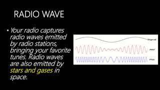 RADIO WAVE
•Your radio captures
radio waves emitted
by radio stations,
bringing your favorite
tunes. Radio waves
are also emitted by
stars and gases in
space.
 