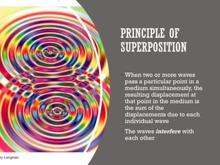 PRINCIPLE OF
SUPERPOSITION
▪ When two or more waves
pass a particular point in a
medium simultaneously, the
resulting displacement at
that point in the medium is
the sum of the
displacements due to each
individual wave
▪ The waves interfere with
each other
 