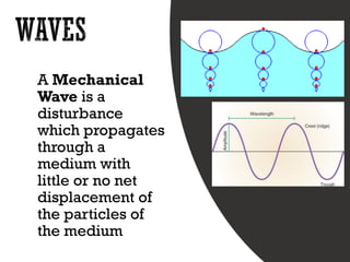 A Mechanical
Wave is a
disturbance
which propagates
through a
medium with
little or no net
displacement of
the particles of
the medium
 