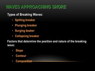 Types of Breaking Waves:
• Spilling breaker
• Plunging breaker
• Surging beaker
• Collapsing breaker
Factors that determine the position and nature of the breaking
wave:
• Slope
• Contour
• Composition
WAVES APPROACHING SHORE
 
