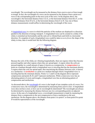 wavelength. The wavelength can be measured as the distance from crest to crest or from trough
to trough. In fact, the wavelength of a wave can be measured as the distance from a point on a
wave to the corresponding point on the next cycle of the wave. In the diagram above, the
wavelength is the horizontal distance from A to E, or the horizontal distance from B to F, or the
horizontal distance from D to G, or the horizontal distance from E to H. Any one of these
distance measurements would suffice in determining the wavelength of this wave.



A longitudinal wave is a wave in which the particles of the medium are displaced in a direction
parallel to the direction of energy transport. A longitudinal wave can be created in a slinky if the
slinky is stretched out horizontally and the end coil is vibrated back-and-forth in a horizontal
direction. If a snapshot of such a longitudinal wave could be taken so as to freeze the shape of the
slinky in time, then it would look like the following diagram.




Because the coils of the slinky are vibrating longitudinally, there are regions where they become
pressed together and other regions where they are spread apart. A region where the coils are
pressed together in a small amount of space is known as a compression. A compression is a
point on a medium through which a longitudinal wave is traveling that has the maximum density.
A region where the coils are spread apart, thus maximizing the distance between coils, is known
as a rarefaction. A rarefaction is a point on a medium through which a longitudinal wave is
traveling that has the minimum density. Points A, C and E on the diagram above represent
compressions and points B, D, and F represent rarefactions. While a transverse wave has an
alternating pattern of crests and troughs, a longitudinal wave has an alternating pattern of
compressions and rarefactions.

As discussed above, the wavelength of a wave is the length of one complete cycle of a wave. For
a transverse wave, the wavelength is determined by measuring from crest to crest. A longitudinal
wave does not have crest; so how can its wavelength be determined? The wavelength can always
be determined by measuring the distance between any two corresponding points on adjacent
waves. In the case of a longitudinal wave, a wavelength measurement is made by measuring the
distance from a compression to the next compression or from a rarefaction to the next
rarefaction. On the diagram above, the distance from point A to point C or from point B to point
D would be representative of the wavelength.
 