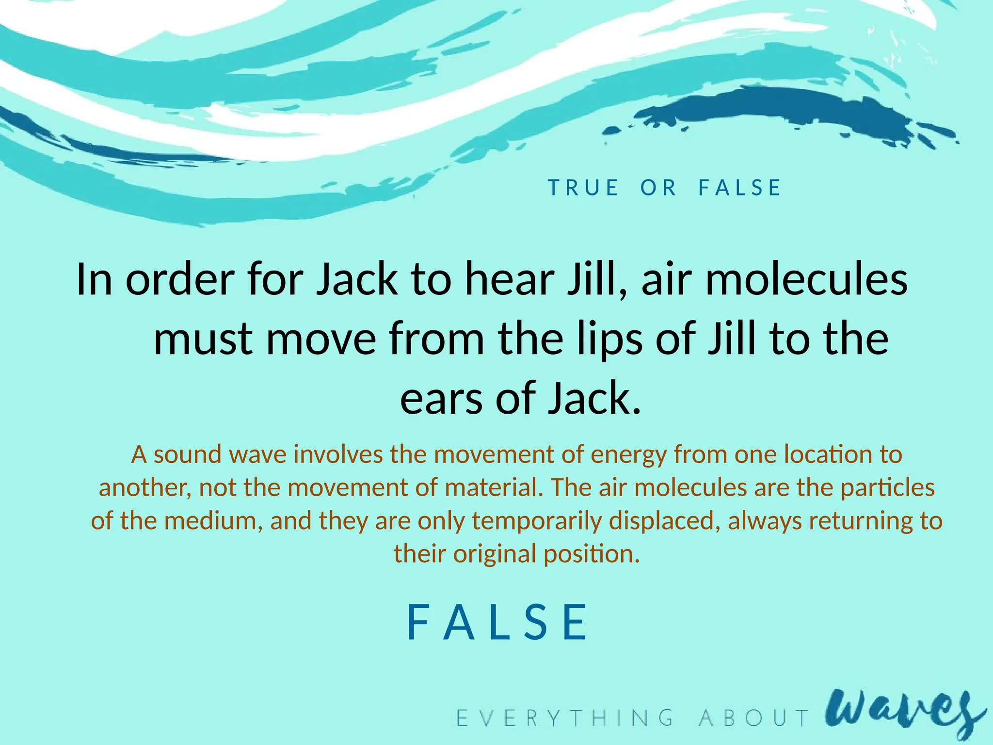 T R U E O R F A L S E
In order for Jack to hear Jill, air molecules
must move from the lips of Jill to the
ears of Jack.
F A L S E
A sound wave involves the movement of energy from one location to
another, not the movement of material. The air molecules are the particles
of the medium, and they are only temporarily displaced, always returning to
their original position.
 
