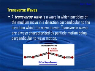 Unit 1 - Waves A  transverse wave  is a wave in which particles of the medium move in a direction perpendicular to the direction which the wave moves. Transverse waves are always characterized by particle motion being perpendicular to wave motion. Transverse Waves 