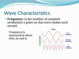 Wave Characteristics
 Frequency: Is the number of complete
oscillations a point on that wave makes each
second.
Frequency is
measured in Hertz
(Hz), its unit is
 