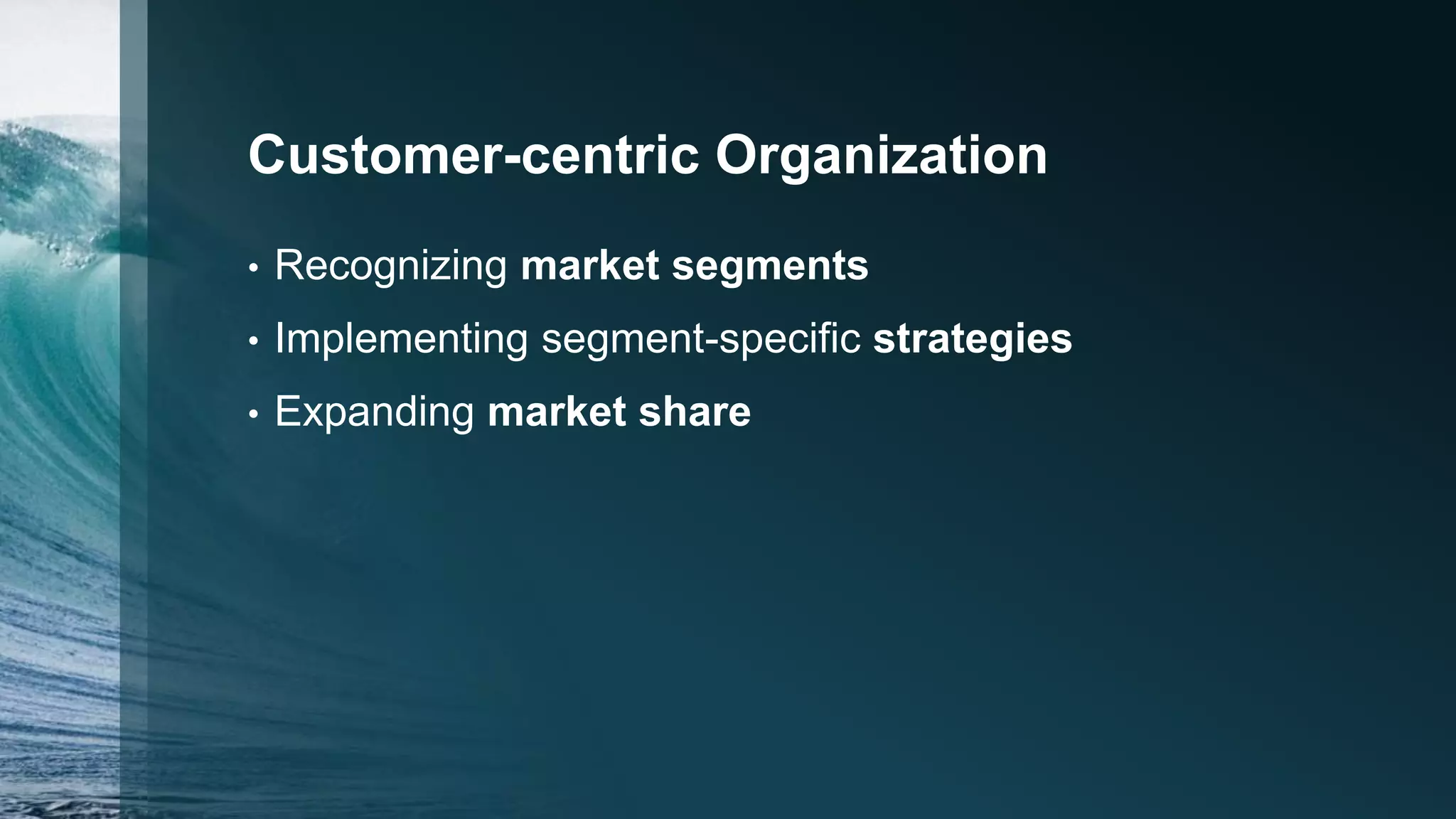 Customer-centric Organization
• Recognizing market segments
• Implementing segment-specific strategies
• Expanding market share
 