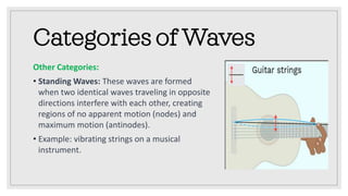Categories of Waves
Other Categories:
• Standing Waves: These waves are formed
when two identical waves traveling in opposite
directions interfere with each other, creating
regions of no apparent motion (nodes) and
maximum motion (antinodes).
• Example: vibrating strings on a musical
instrument.
 
